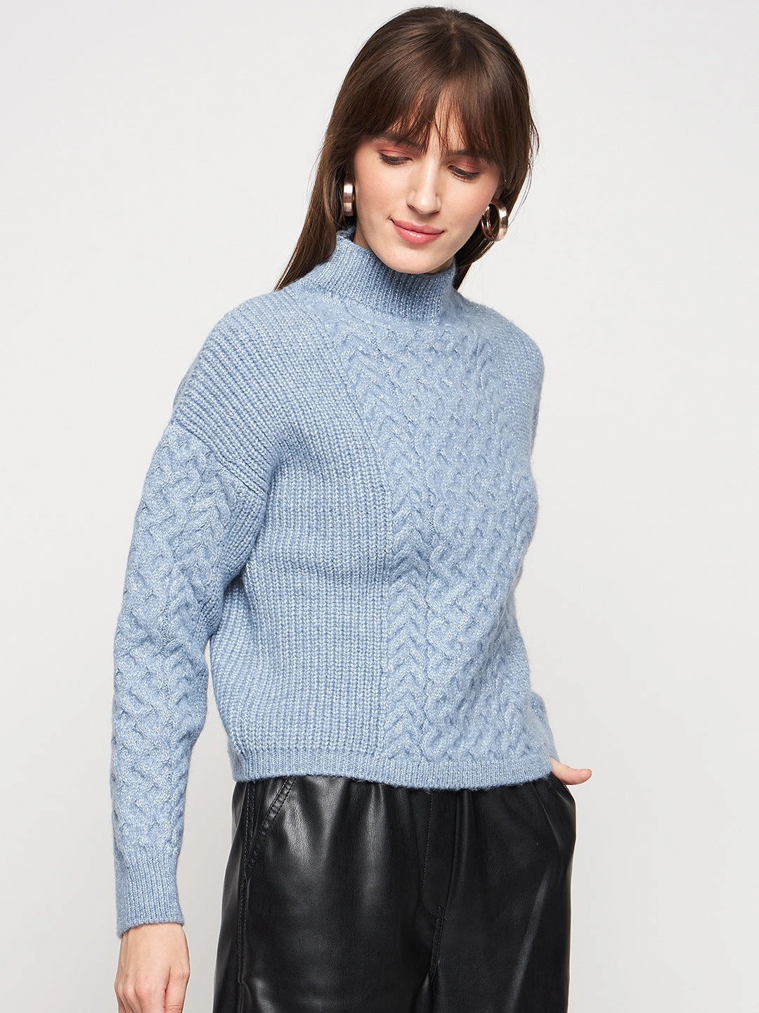 Flexible Waistband Madame Blue Knit Pullover