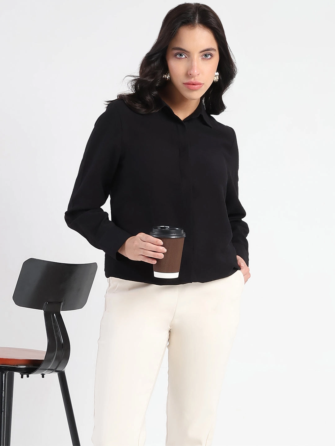 Reinforced Elbow Patches Madame Black Rayon Blend Shirt