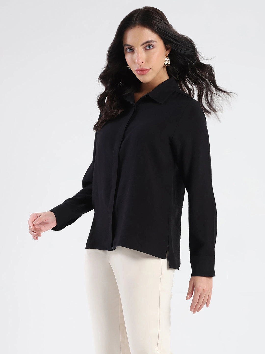 Madame Black Rayon Blend Shirt Seasonal Comfort Textured Finish