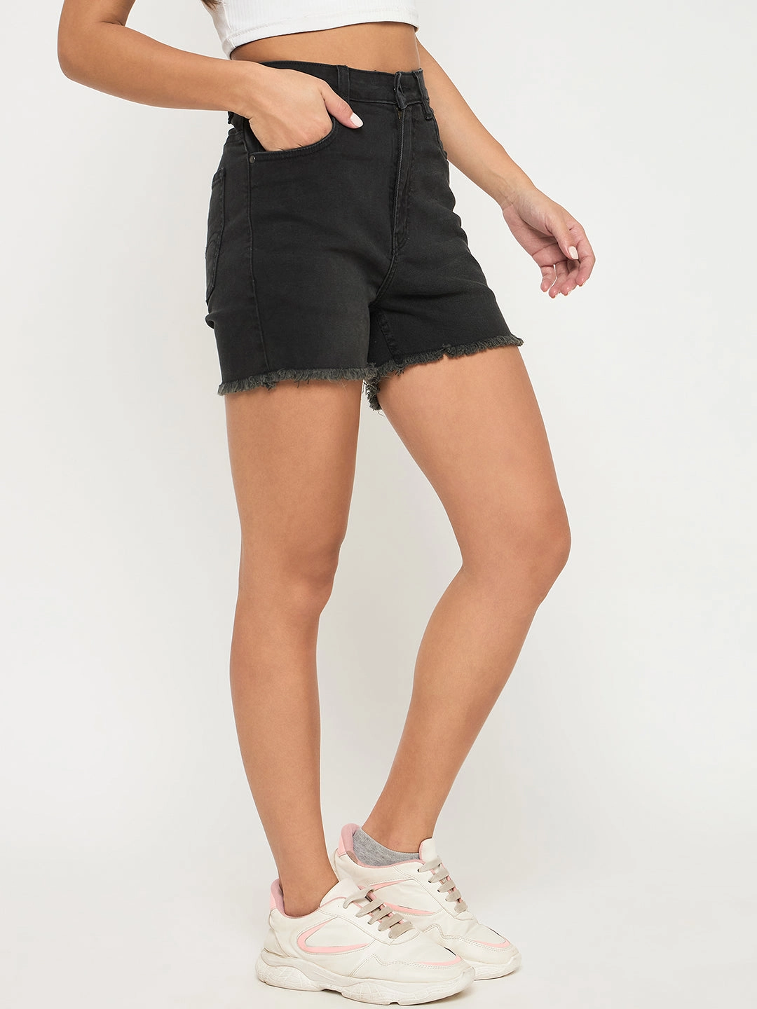 Structured silhouette Madame Frayed Hem Charcoal Black Cotton Blend Denim Shorts