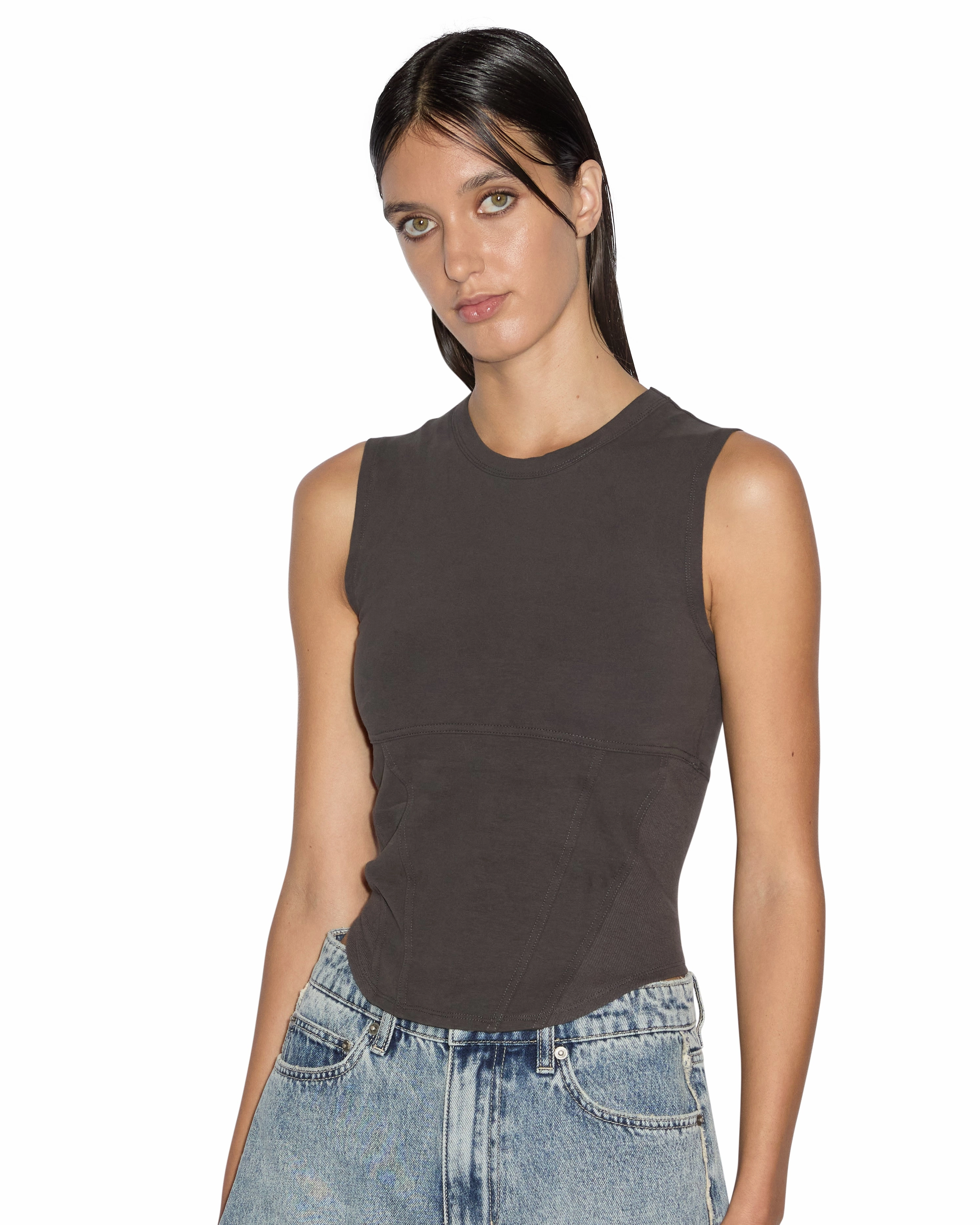 cotton material Non Toxic Printing STAGED TANK WASHED BLACK Reflective Thread Details