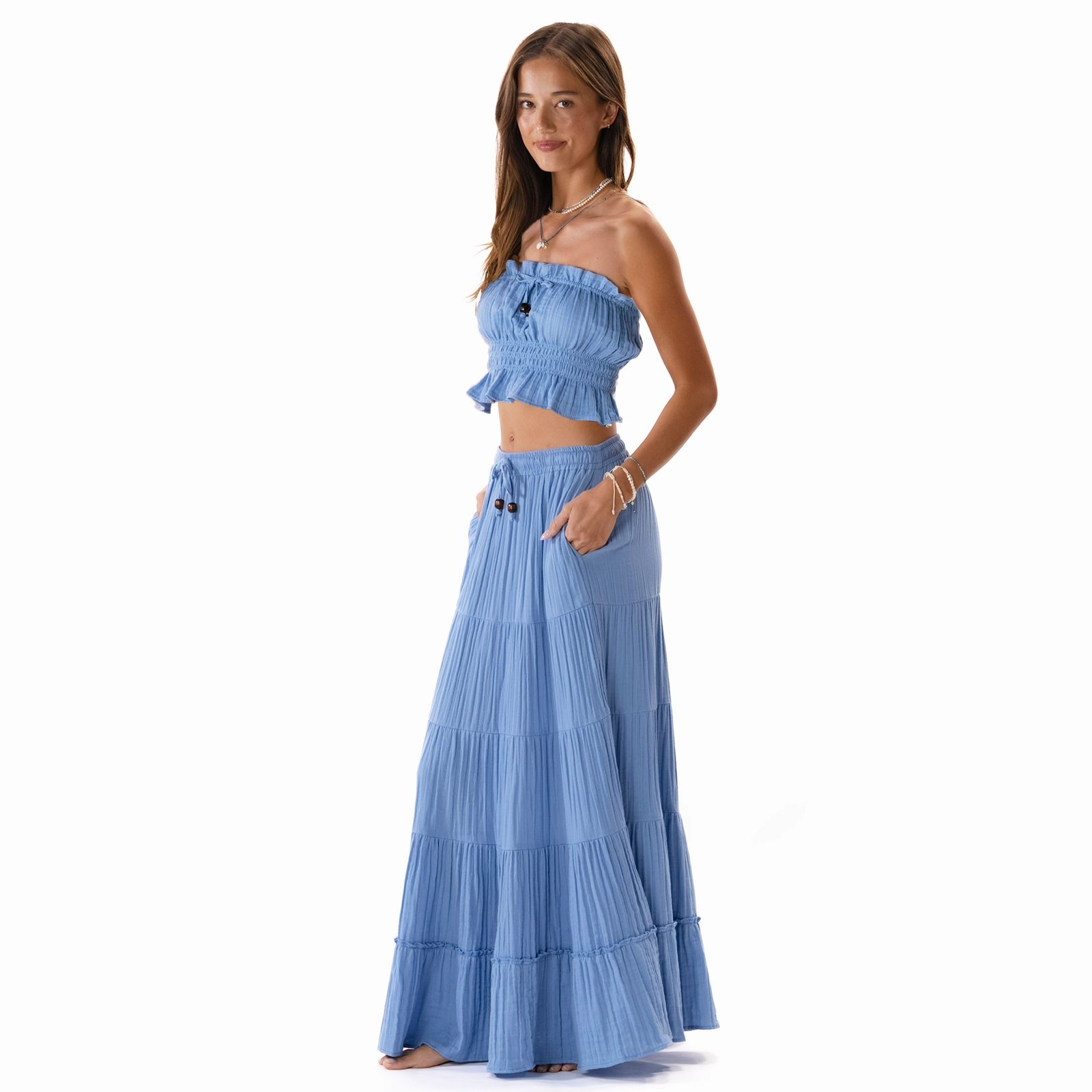 Denim Blue Coastal Tube Top & Shipwrecked Maxi Skirt Set Crochet Style Outfit Focus