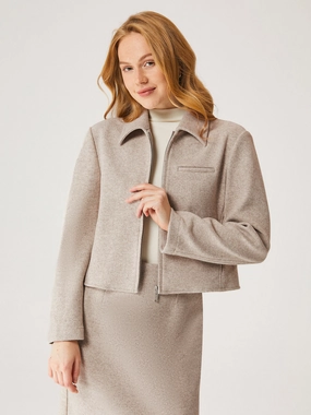 Full-Zip Cropped Jacket Recycled Polyester Fabric Layered Neckline Details