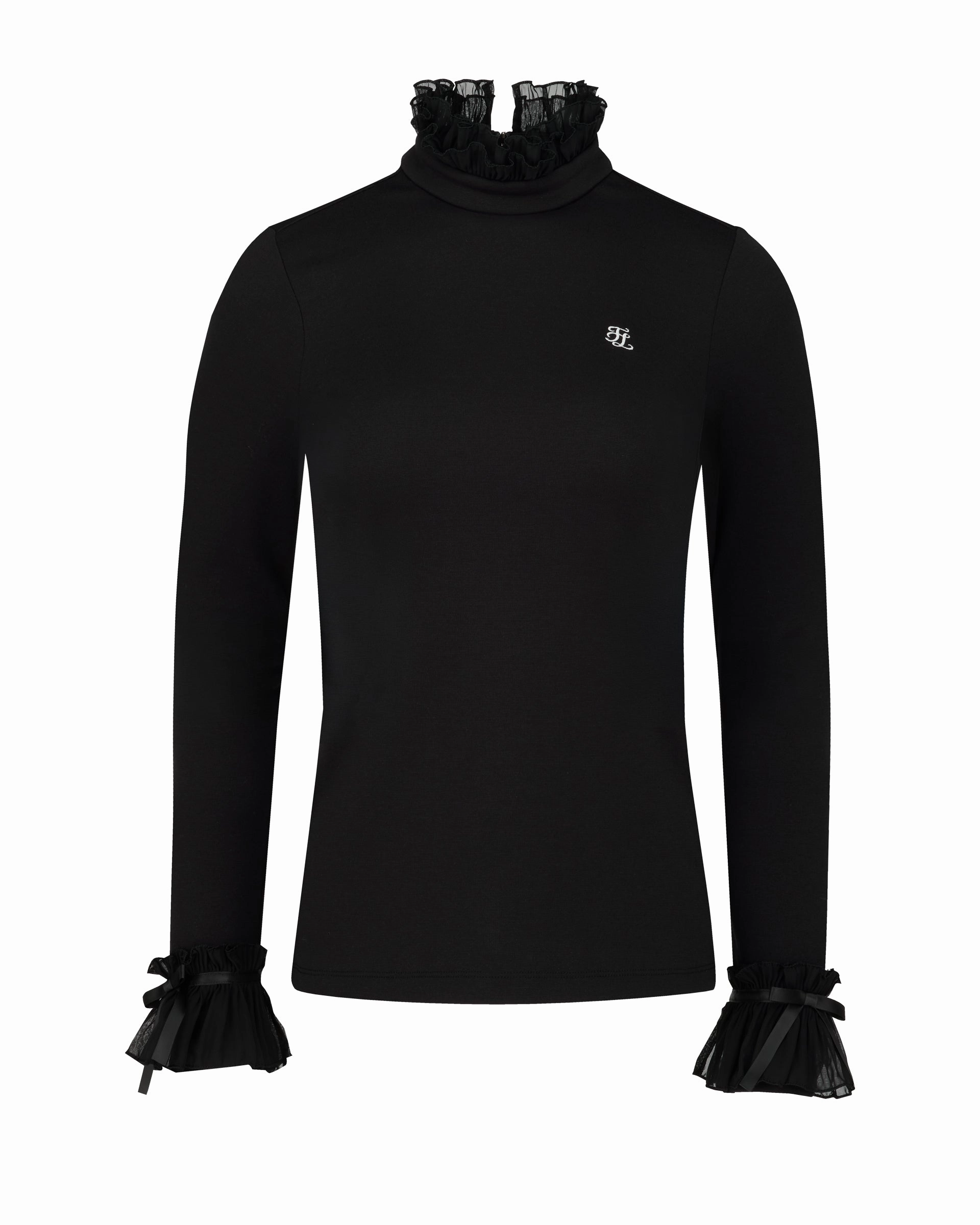 Frill sleeve high neck t-shirt - Black Wear Resistant Edge Loose Sweater