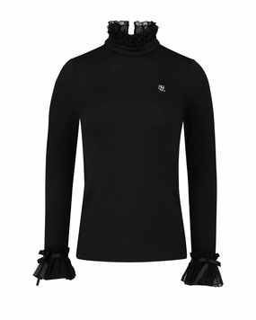 Frill sleeve high neck t-shirt - Black Wear Resistant Edge Loose Sweater