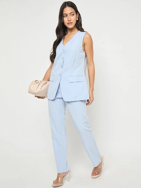 Elegant Line Madame Solid Sleeveless Top and Bottoms Blue Co-ord Set
