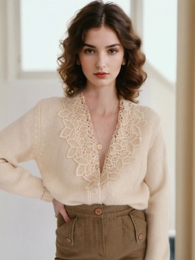 Charlee V-Neck Lace Embroidery Cardigan Office Casual Look