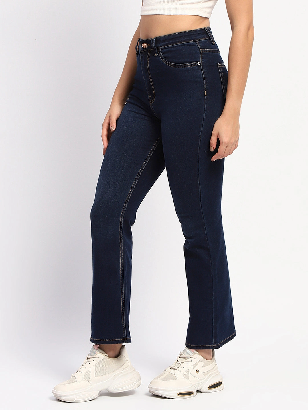 Madame Solid Blue Flared Fit Denim Smart Basic Smart Waistband