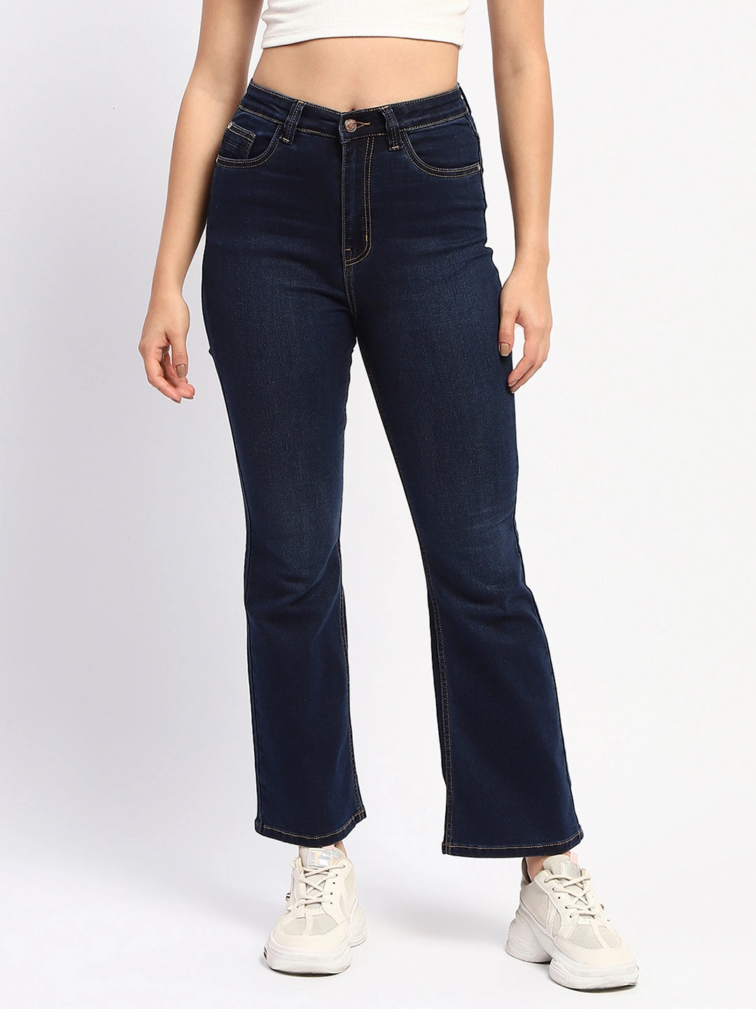 Madame Solid Blue Flared Fit Denim High Quality Holiday Vibes Winter Warmth
