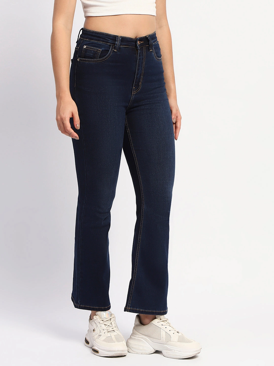 Madame Solid Blue Flared Fit Denim Vintage Wash