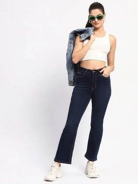 Madame Solid Blue Flared Fit Denim Basic Style