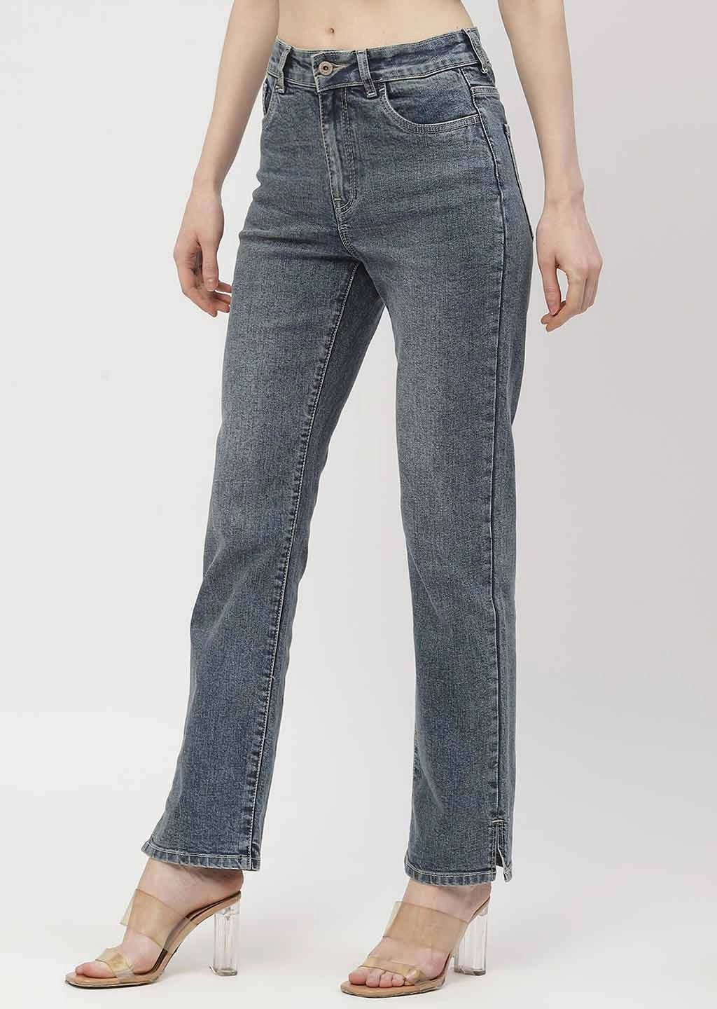 Textured Loose Luxury Madame Washed Blue Straight Fit Jeans