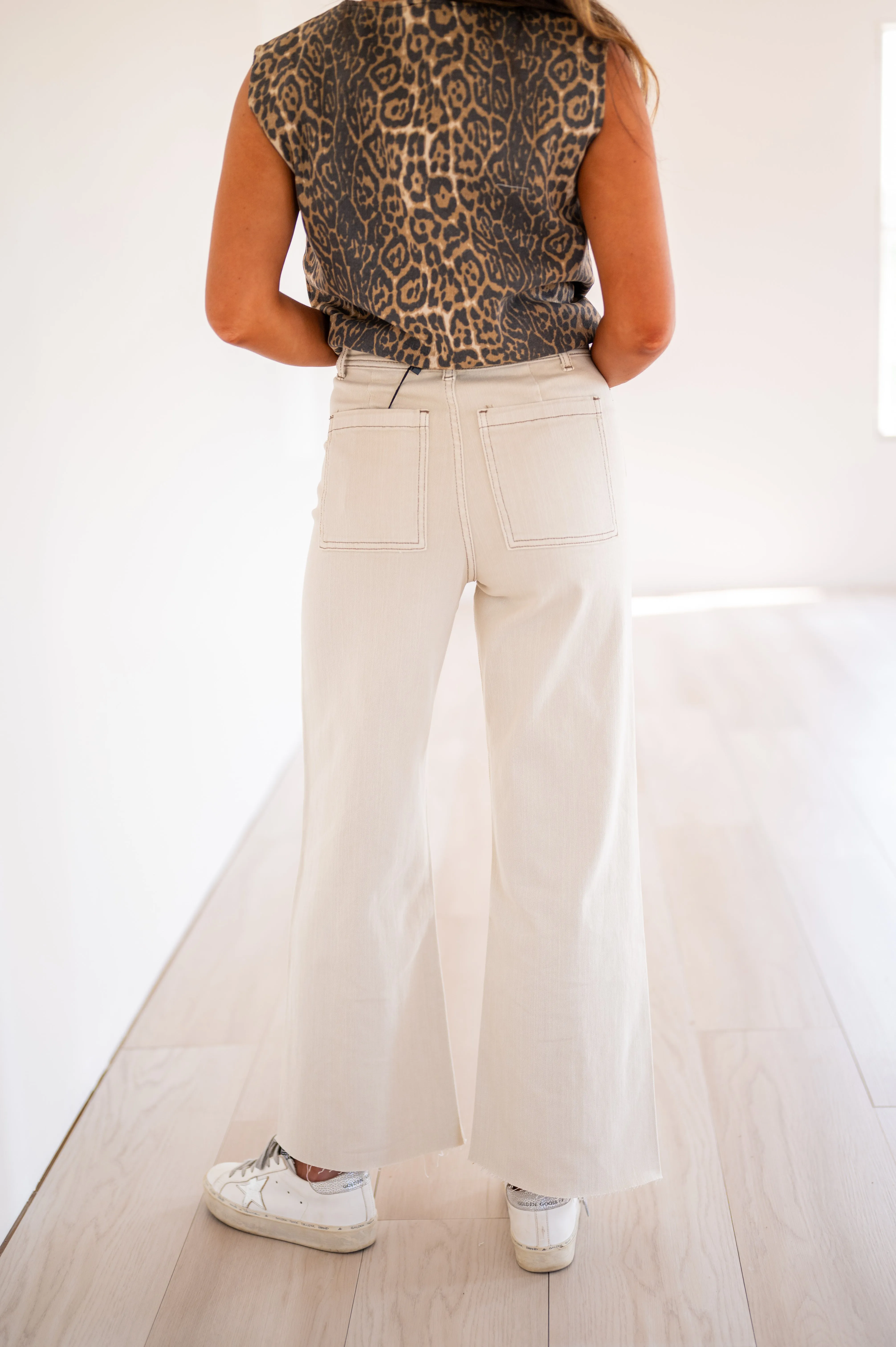 Straight Wide Leg Denim Jeans- Beige- RESTOCK