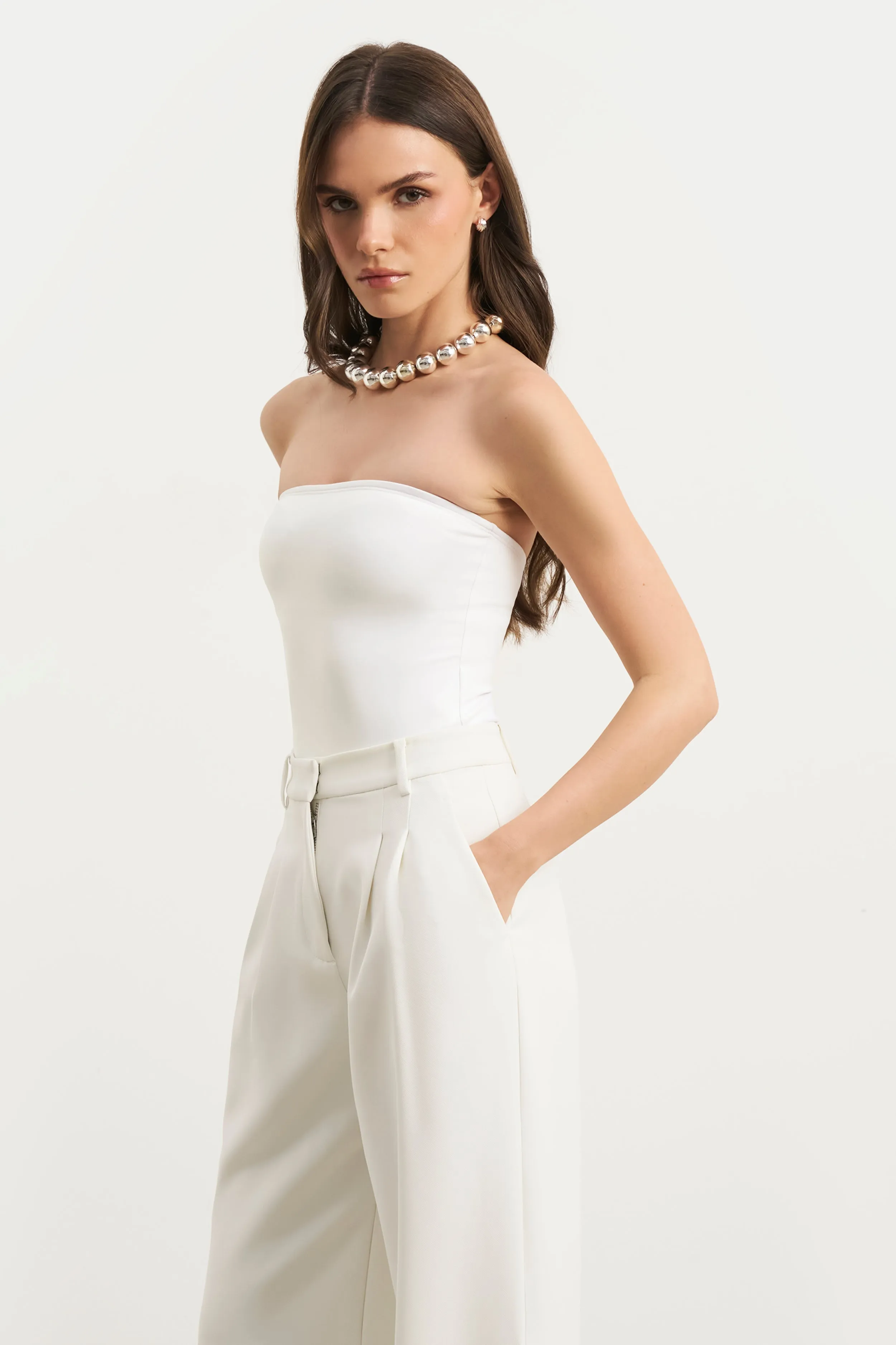SoftLining Relaxed Crew Neck Opening Strapless Bandeau Bodysuit - White