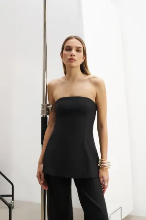 Minimalist Silhouette Cut Strapless Linen A Line Bodice - Black