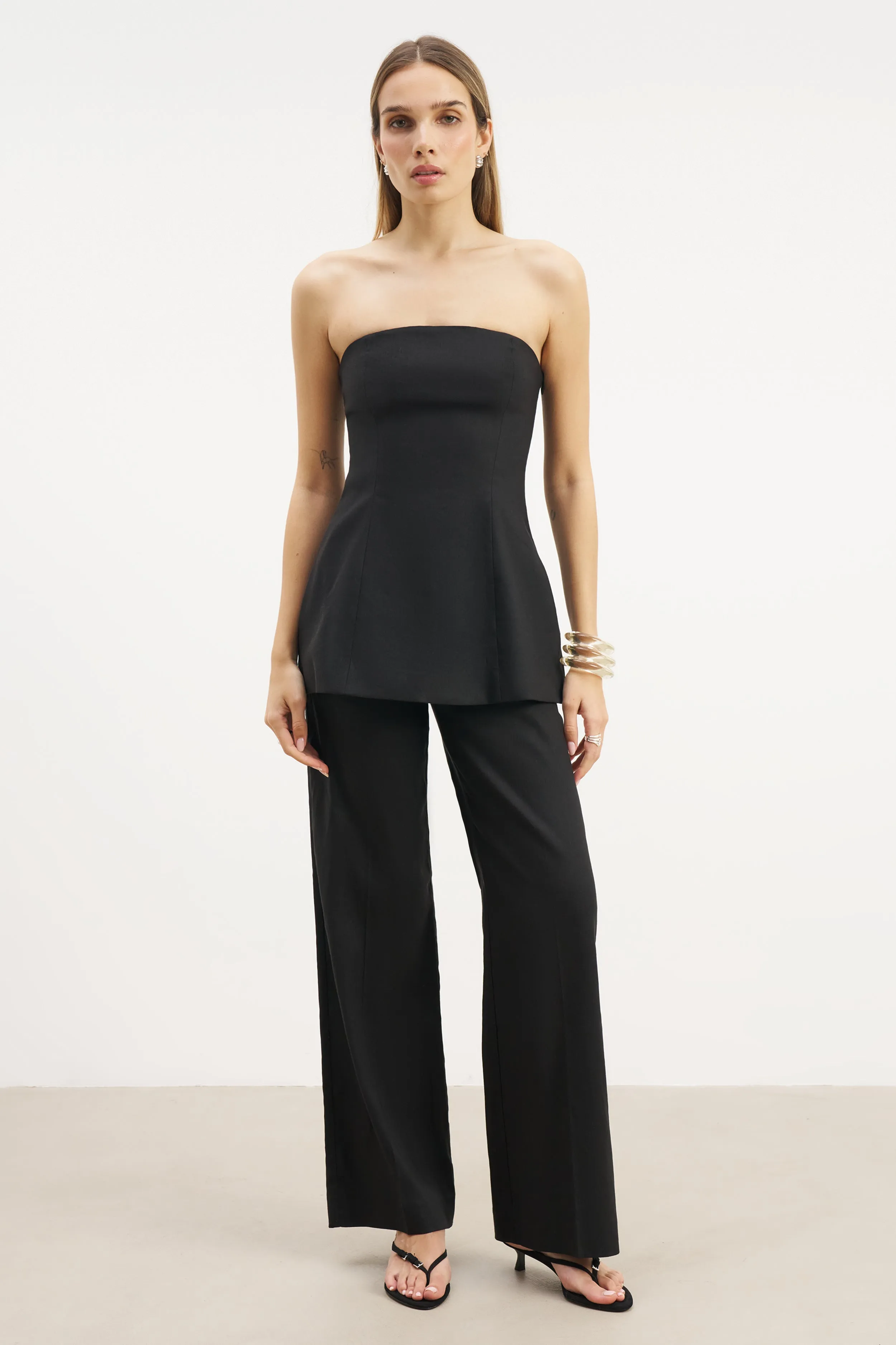 RibbedCollar Strapless Linen A Line Bodice - Black
