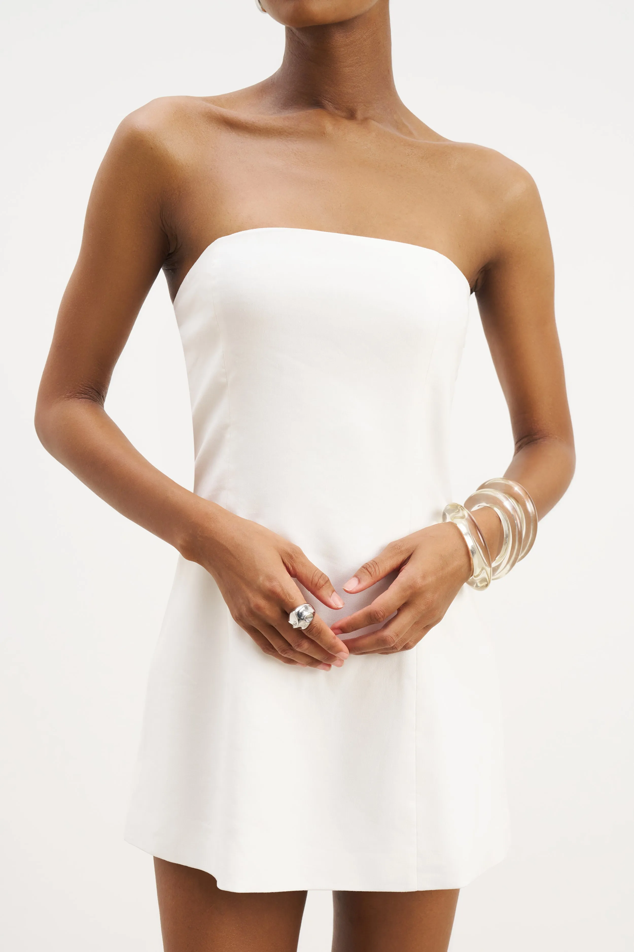 Satin Glow Strapless Linen A Line Mini Dress - White