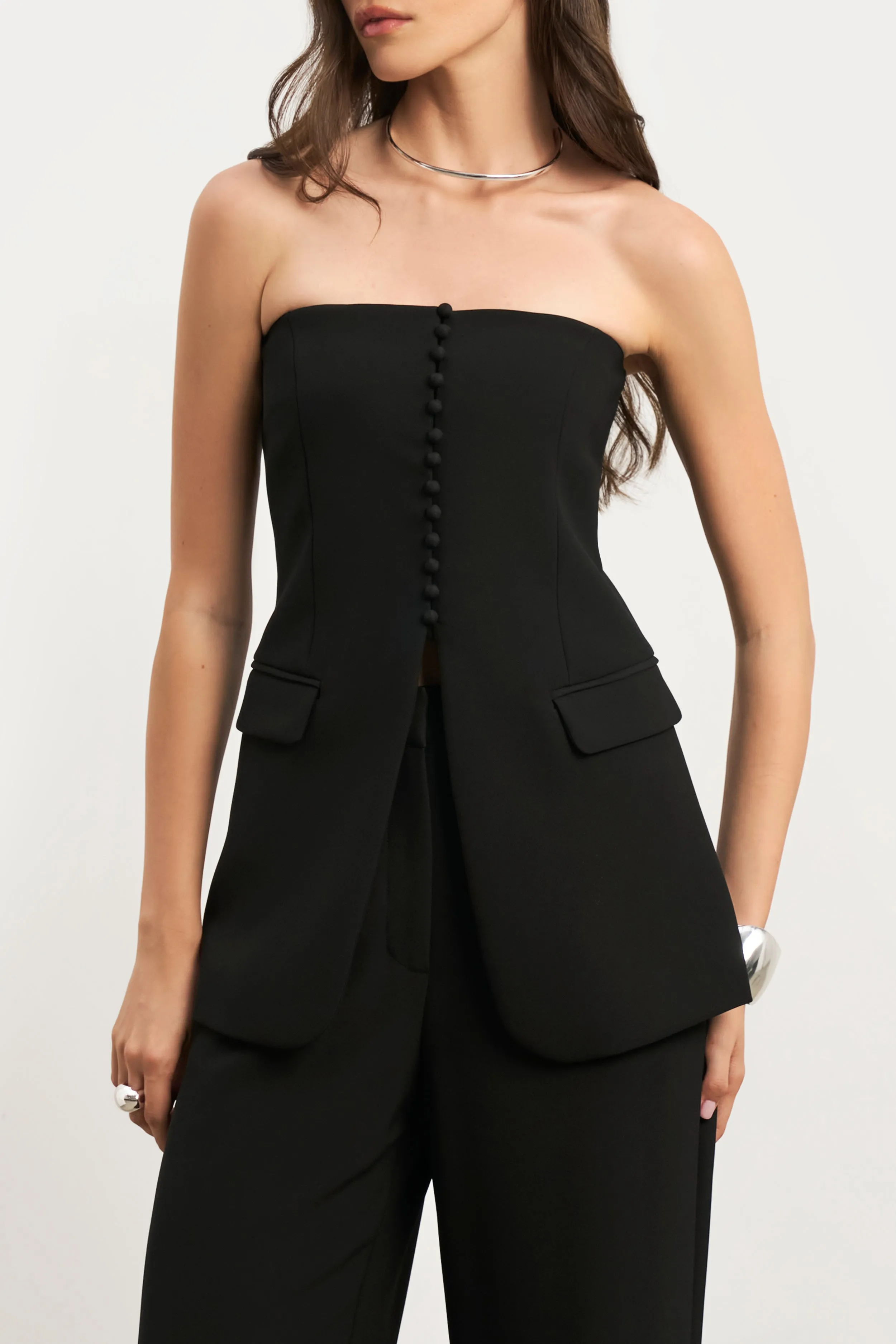 Long Sleeve Tee Quick Dry Material Strapless Peplum Bodice - Black