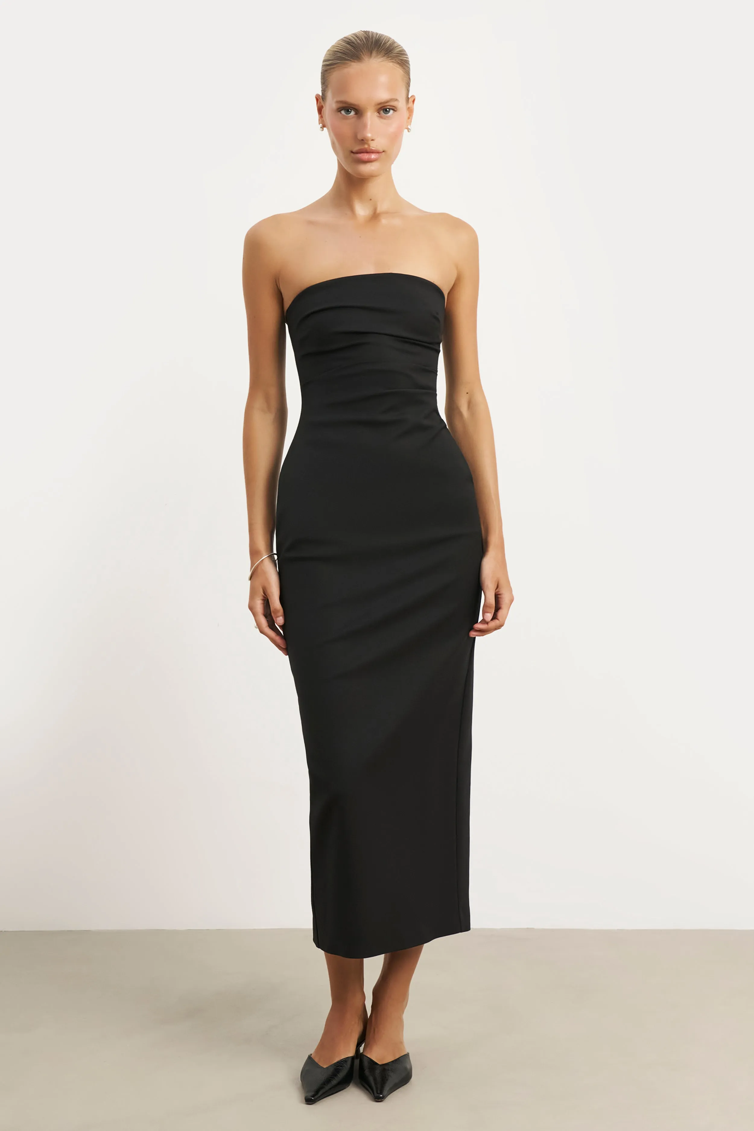Strapless Ruched Midaxi Dress - Black Petite-Size Bare Glow