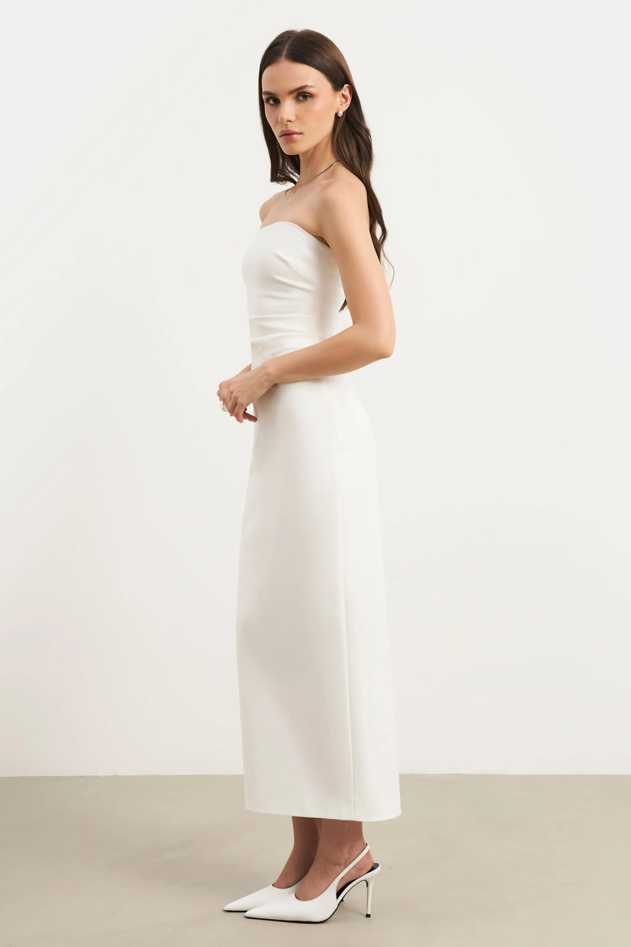 Strapless Ruched Midaxi Dress - White Comfortable fit for outings