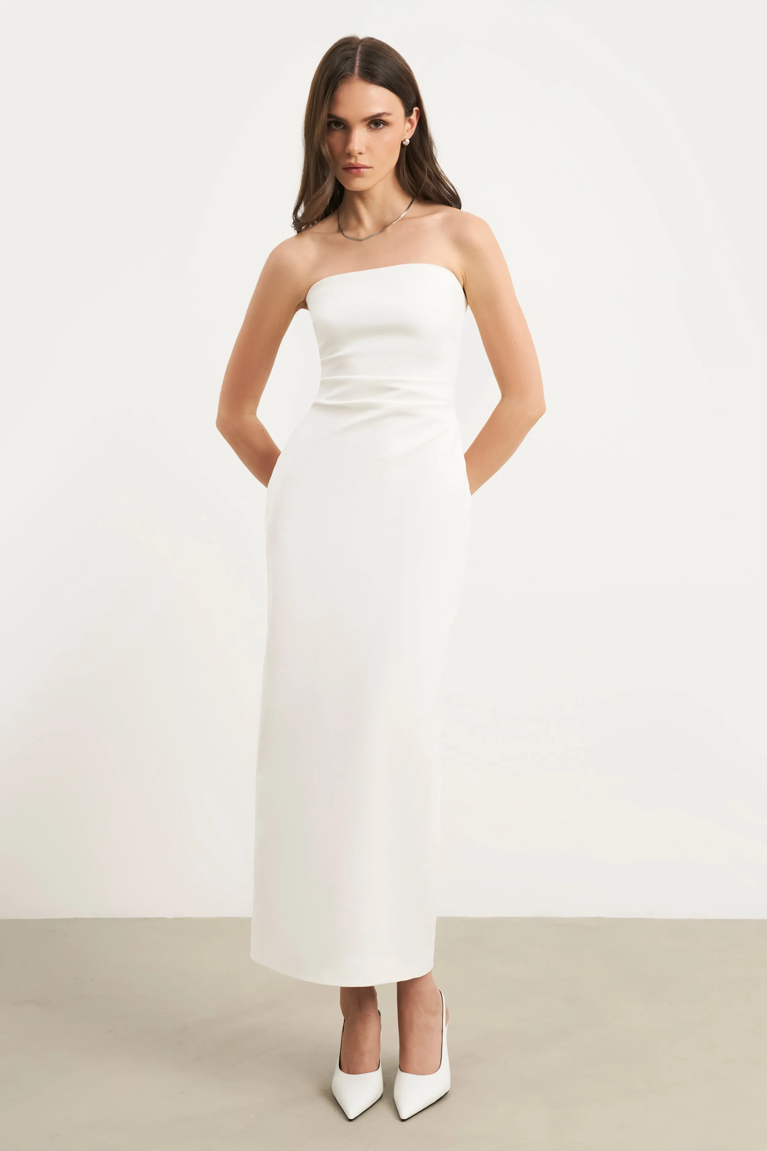 Strapless Ruched Midaxi Dress - White Formal Occasion Easy Draping