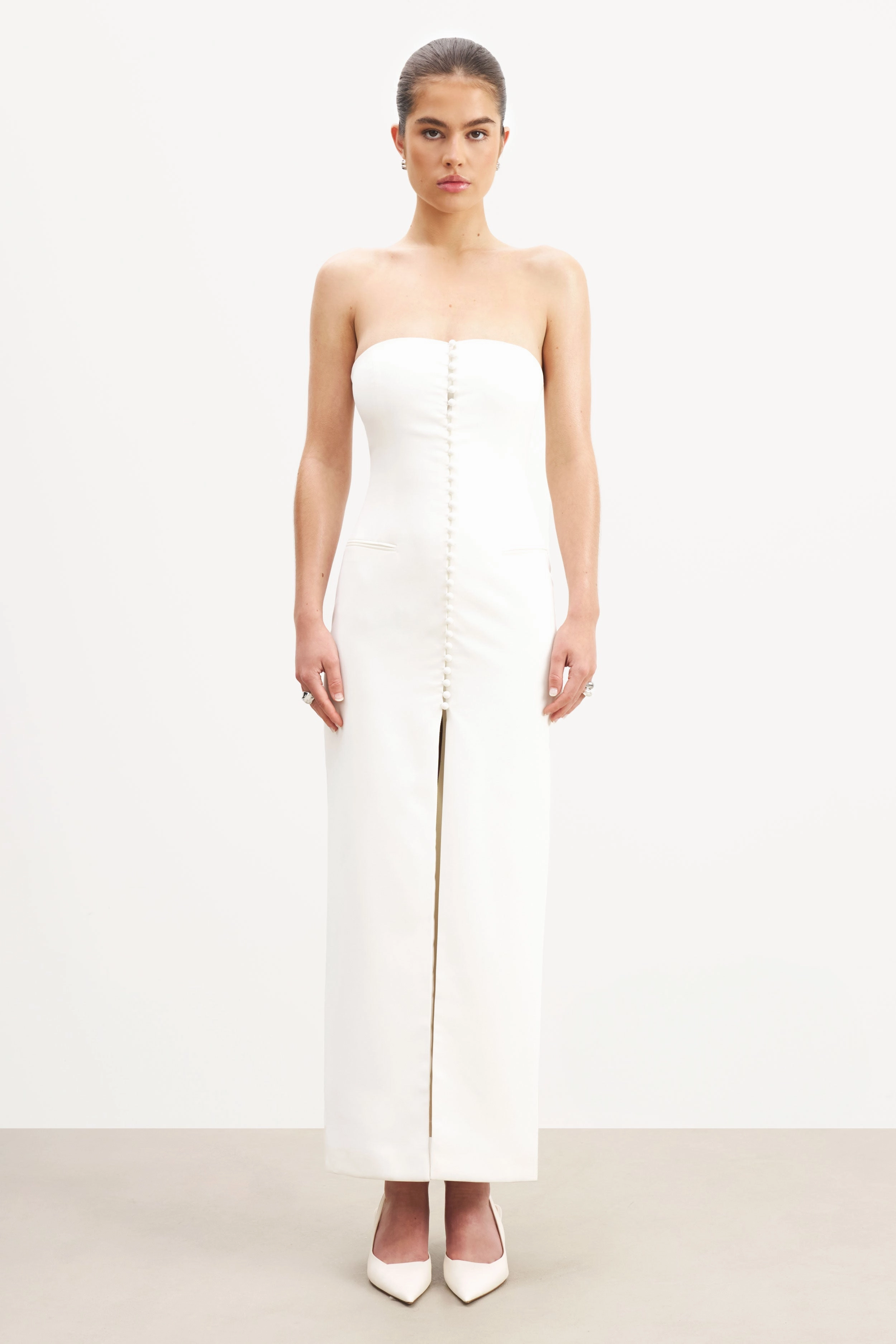 Elegant Motion Strapless Peplum Maxi Dress - White