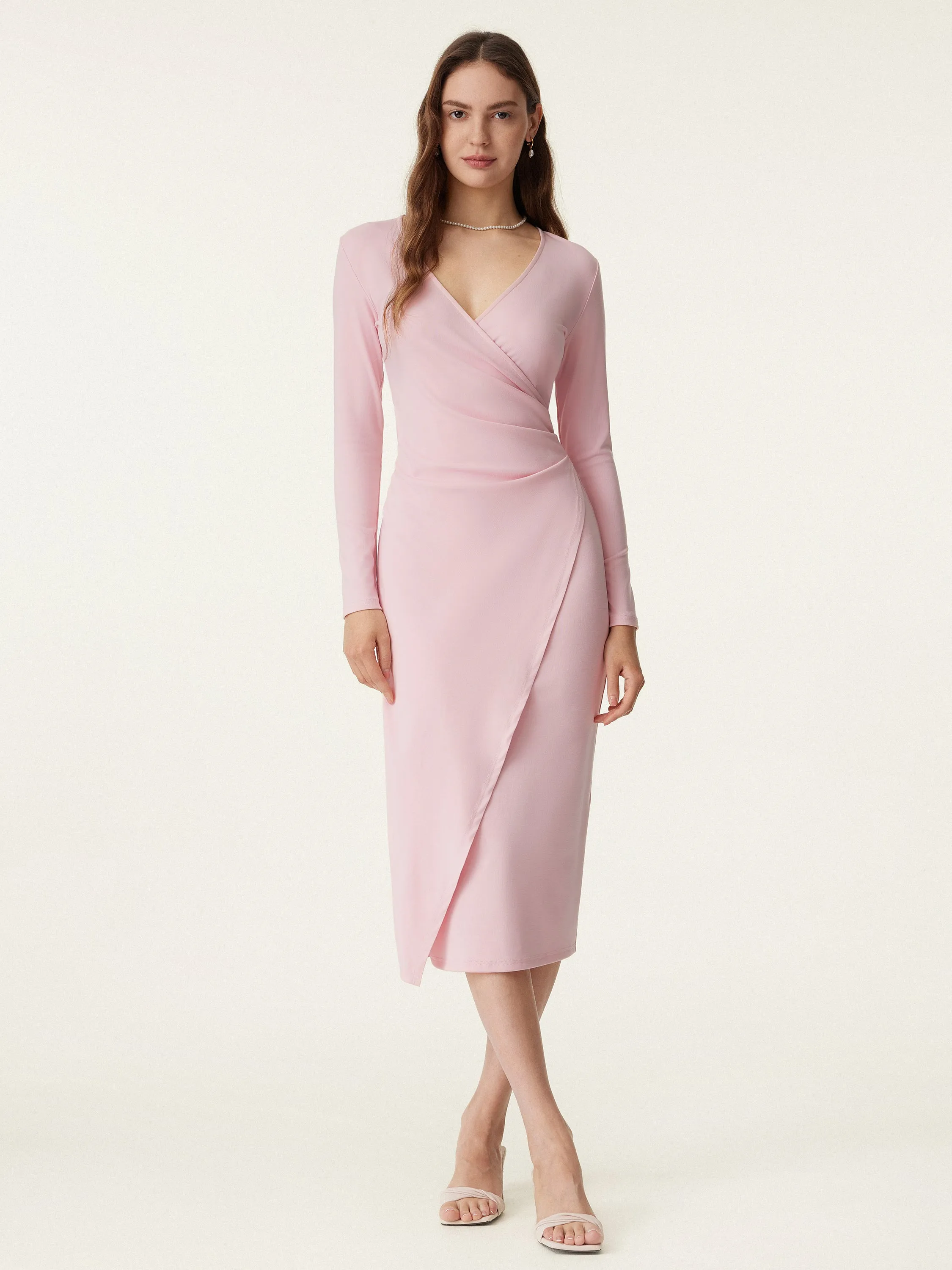 Elegant Tailoring Faux Wrap Light Cotton Midi Dress