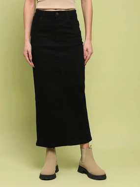 Madame Black Whiskered Cotton Midi Denim Skirt Smooth Layer Ankle length