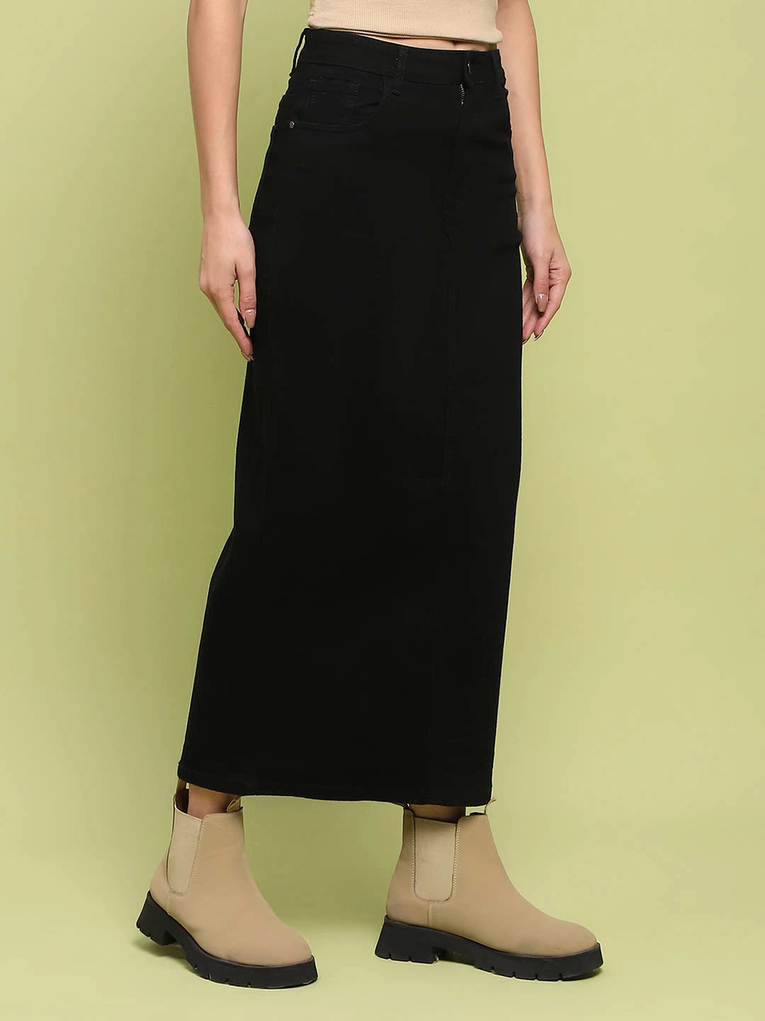 Madame Black Whiskered Cotton Midi Denim Skirt Heritage Craft