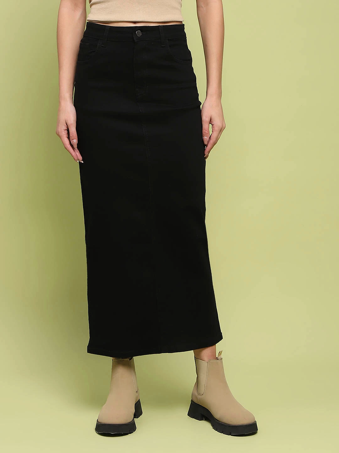 Madame Black Whiskered Cotton Midi Denim Skirt Smooth Layer Ankle length