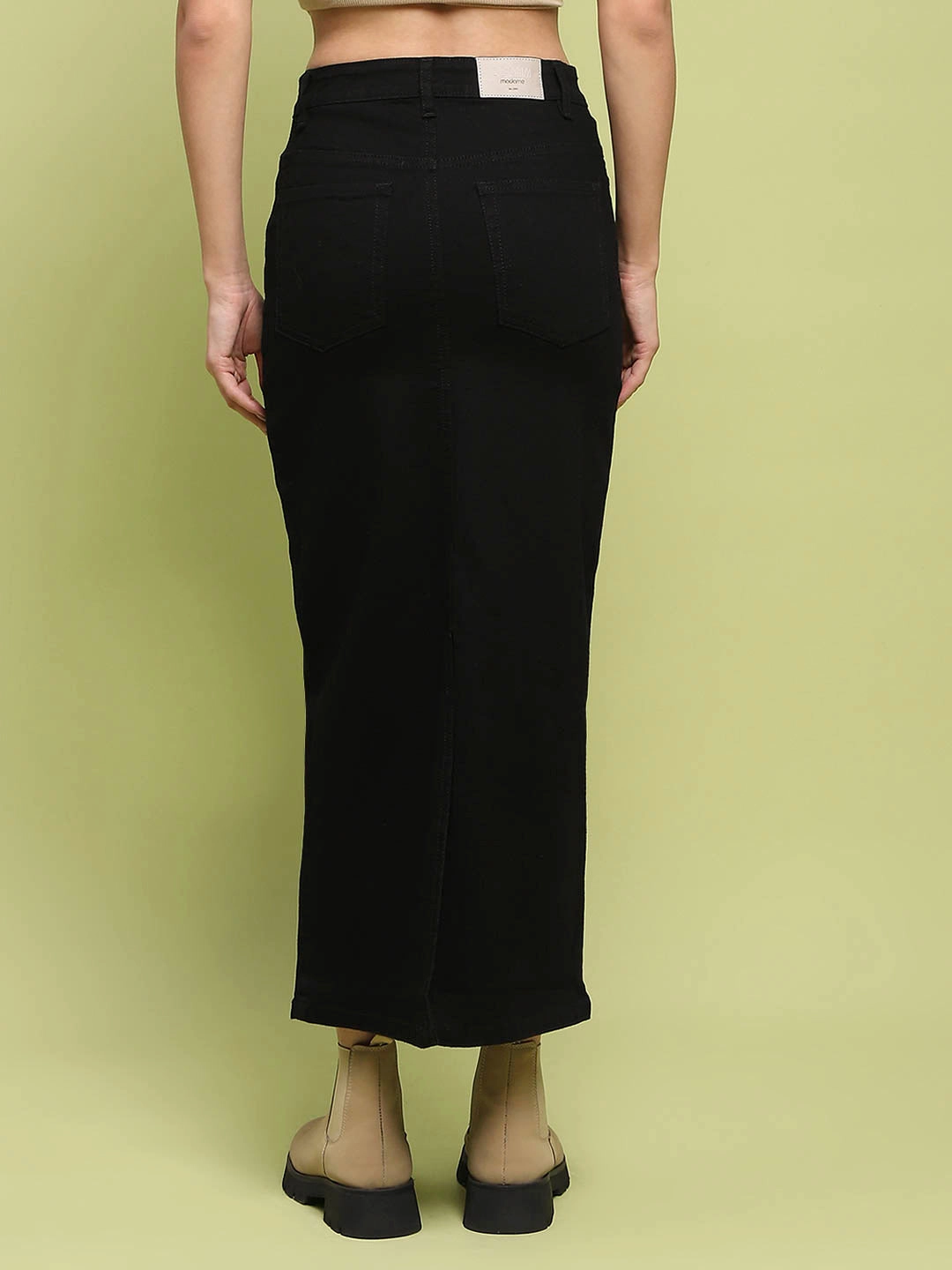 Madame Black Whiskered Cotton Midi Denim Skirt Foldable Design Gentle Comfort