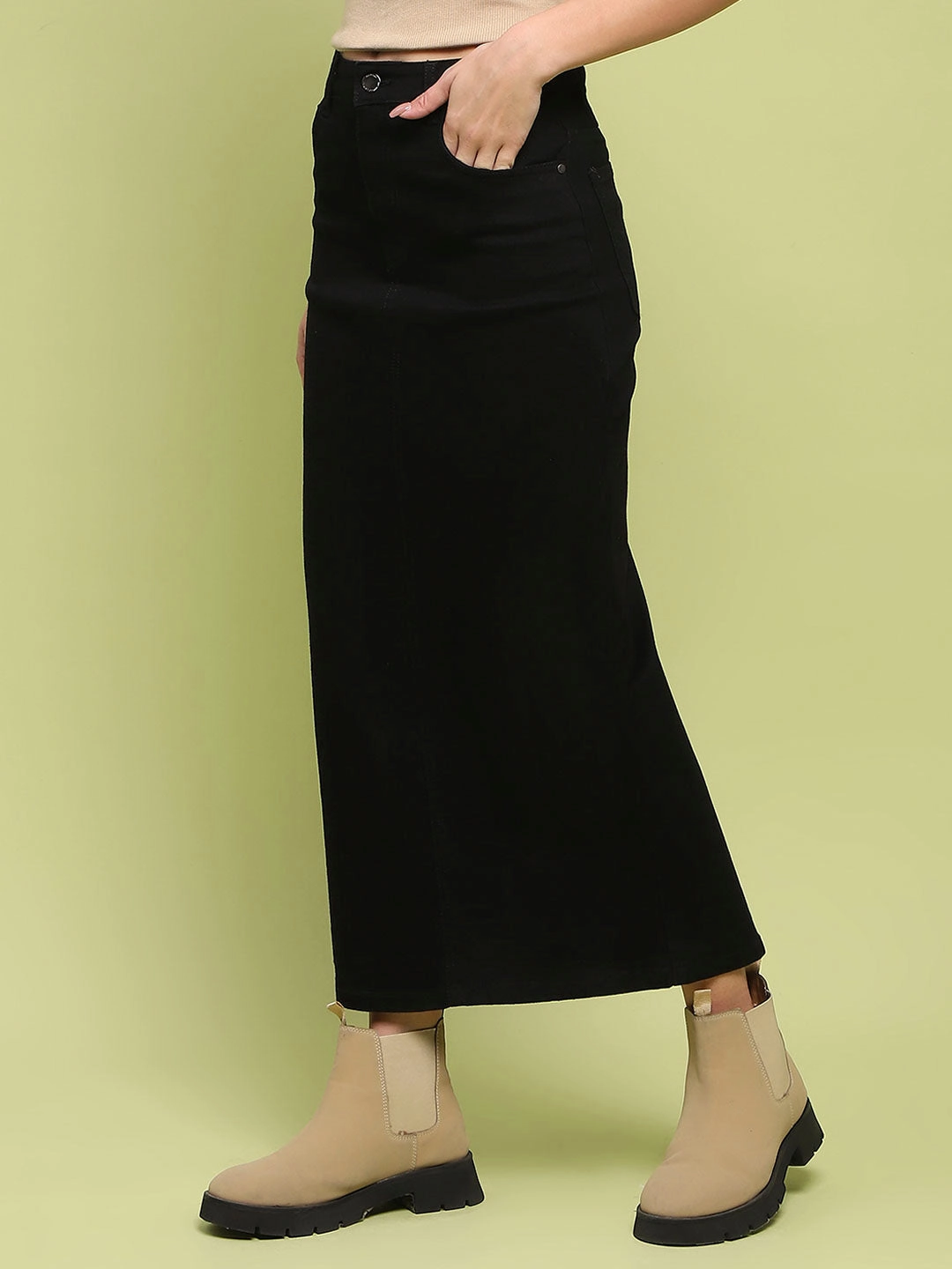 Relaxed Style Madame Black Whiskered Cotton Midi Denim Skirt
