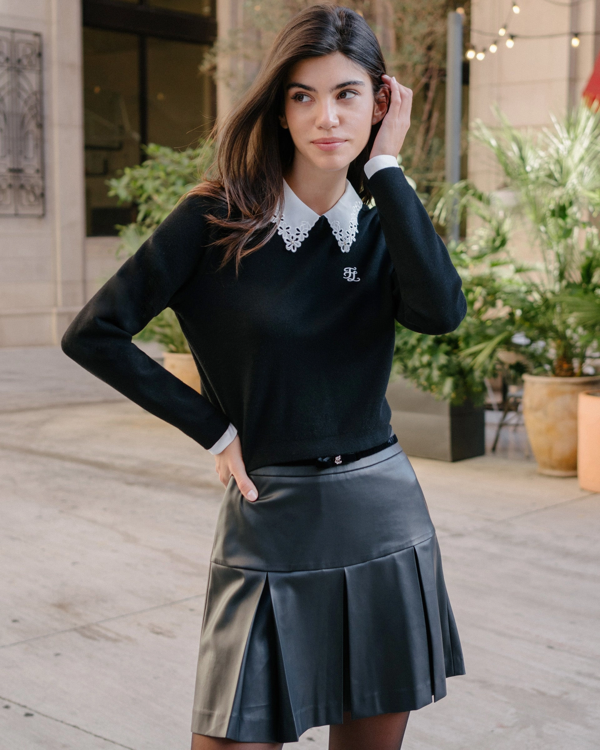Smart Comfort Leather Ribbon Pleated Skirt - Black