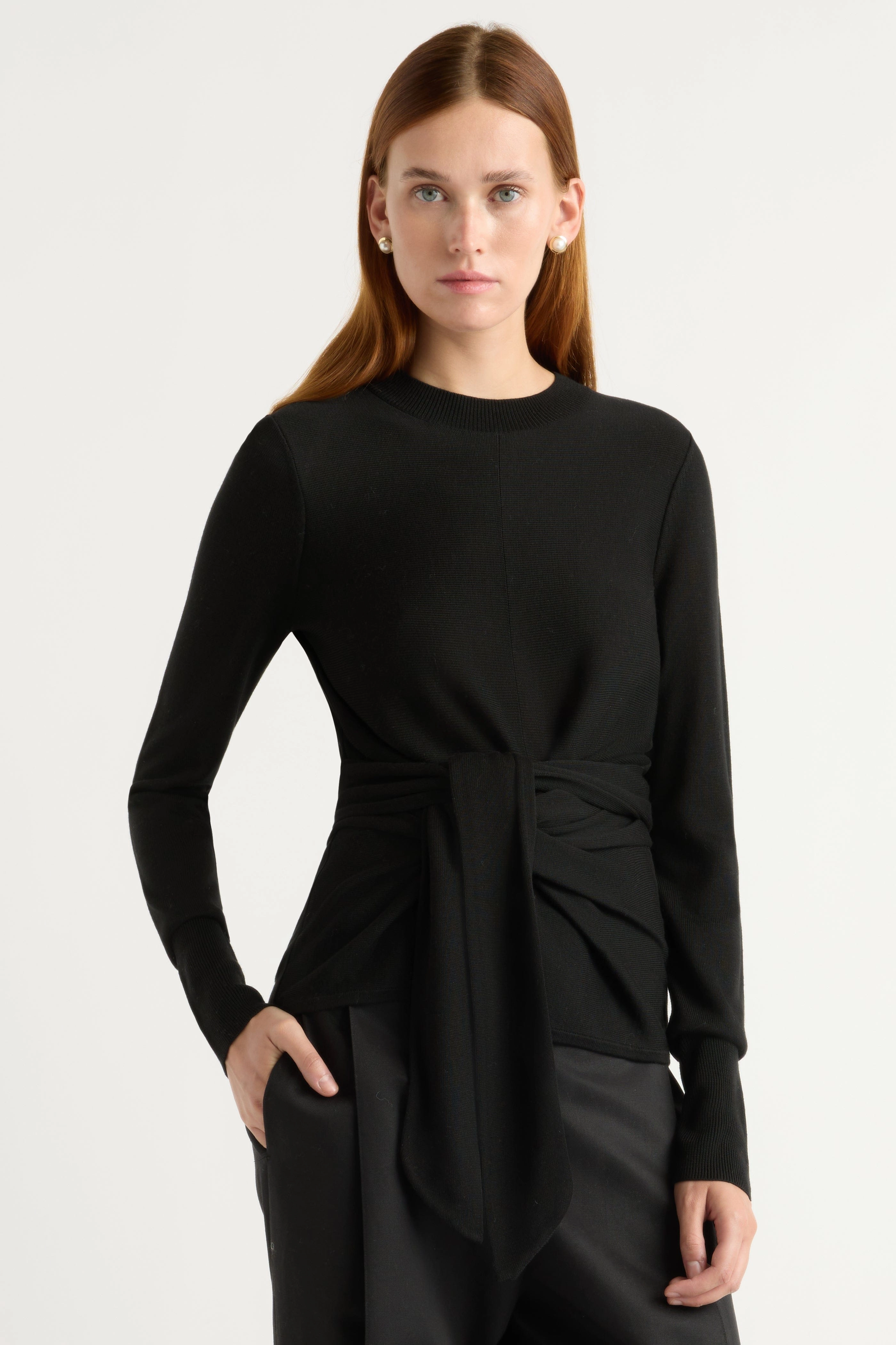 Robin Tie-Front Tencel-Wool Sweater Multipanel Construction Effortless Knit
