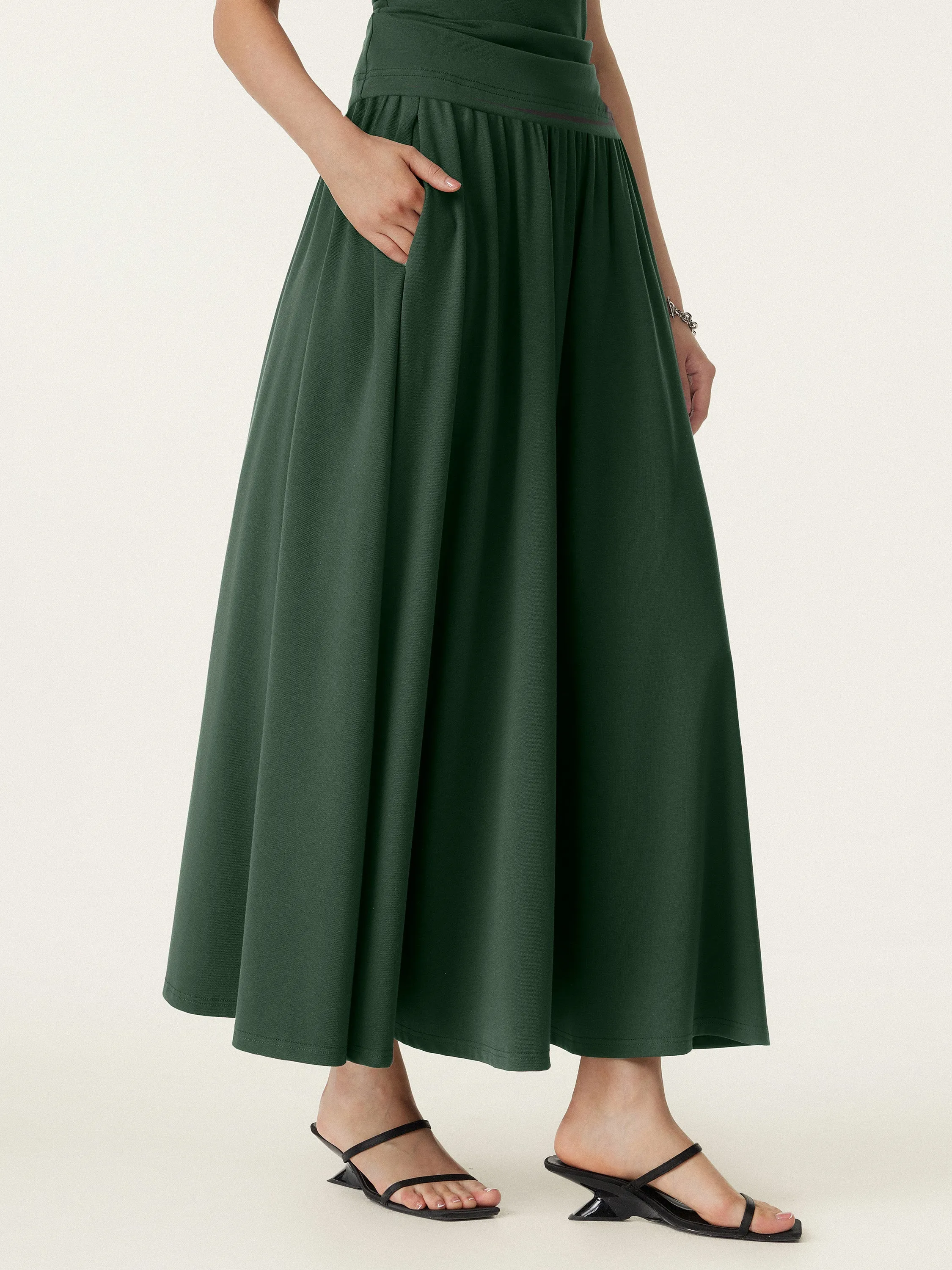 Light Waist BreathableLining Stretch Cotton Maxi Umbrella Skirt with Pockets