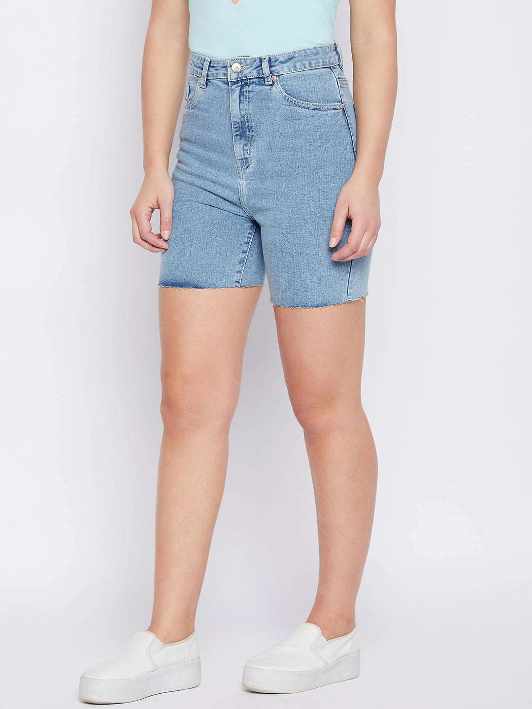 Madame Fitted Ice Blue Denim Shorts Fresh Fit Detachable Detail