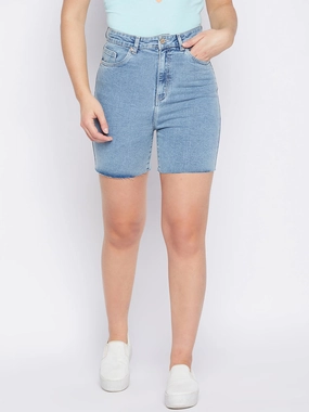 Madame Fitted Ice Blue Denim Shorts Crisscross Details Elegant Feel