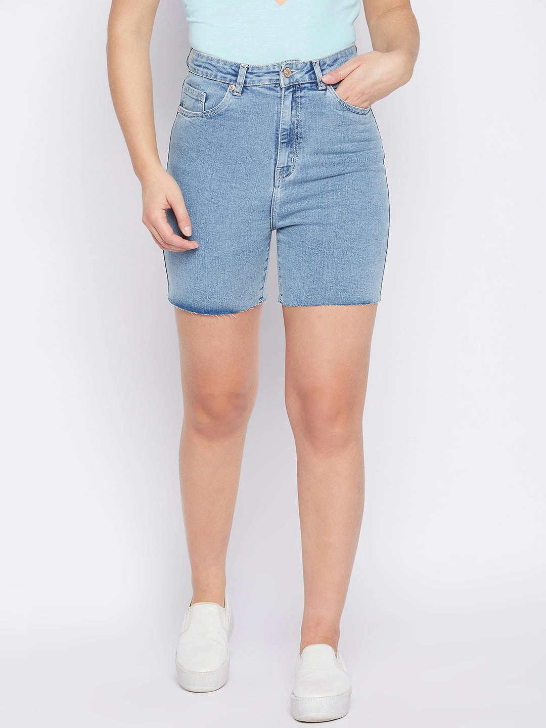 Madame Fitted Ice Blue Denim Shorts Red Carpet Look light colors