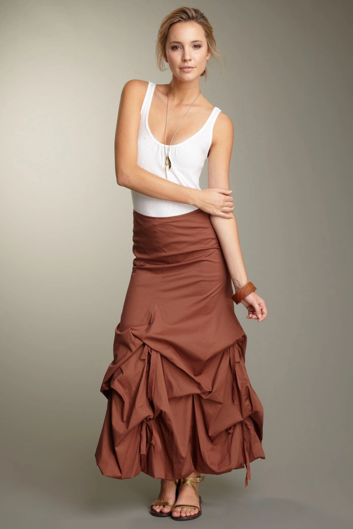 Crisp Finish Pocket Design Stretch Poplin Balloon Skirt - Brown