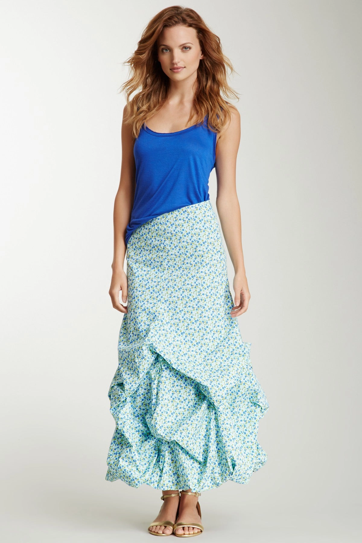 Stretch Poplin Balloon Skirt - Turquoise Print Comfort Wear