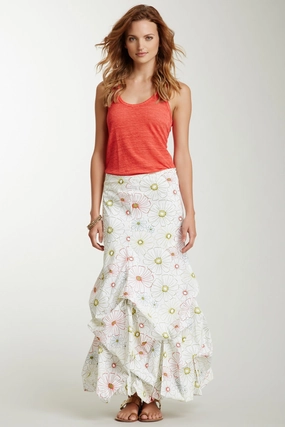 Stretch Poplin Balloon Skirt - White Daisy Fringe Detail