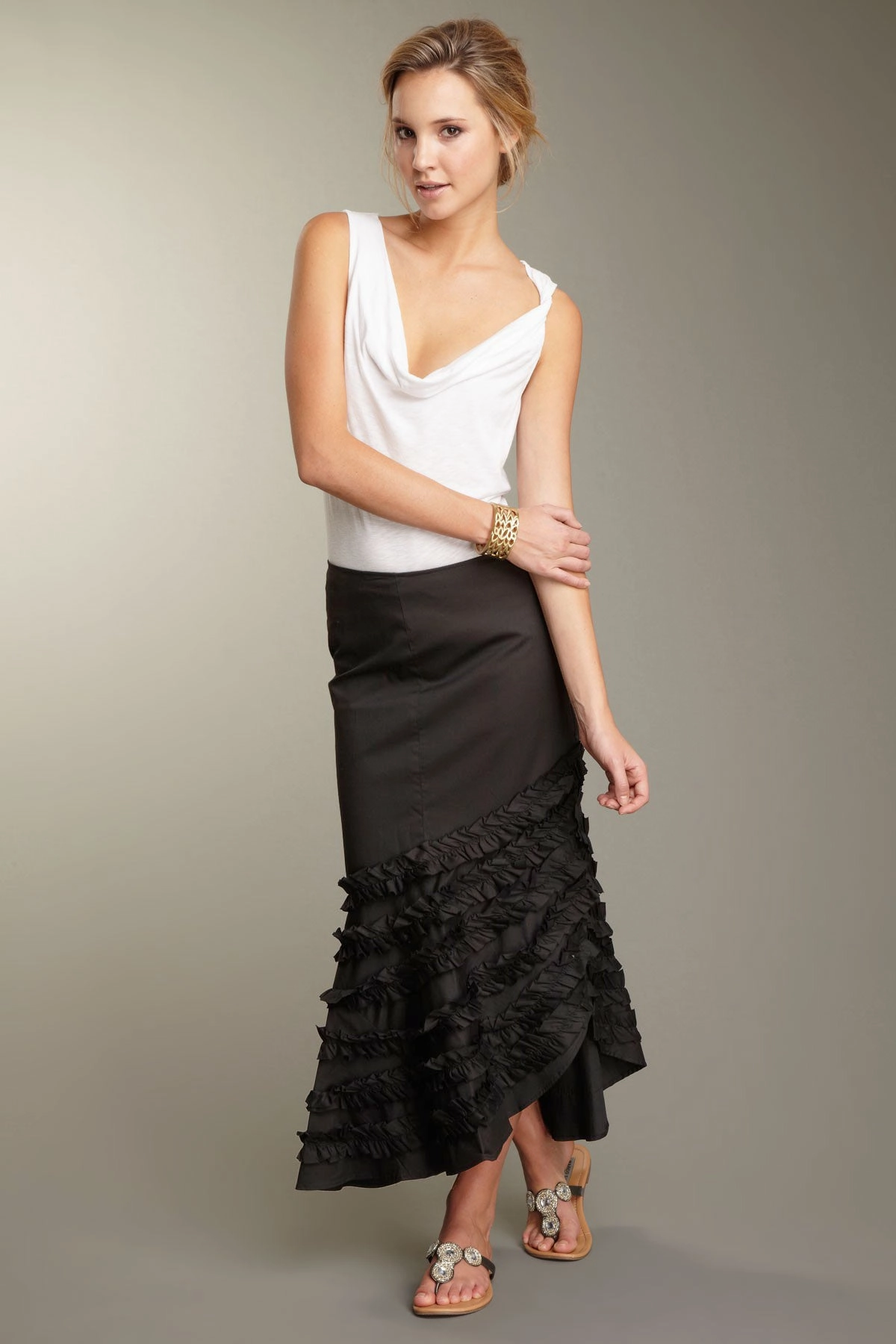 Stretch Poplin Flamenco Skirt - Black Outfit Focus Double Layered Design