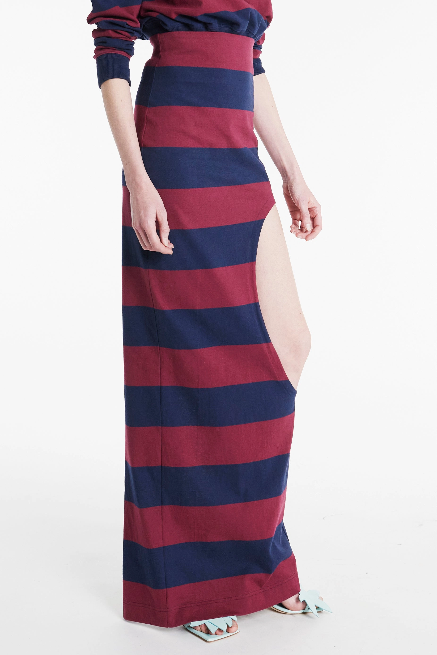 Pencil Skirt With Cut Out Burgundy Navy NonRestrictive Armholes Adjustable Hem Cuff