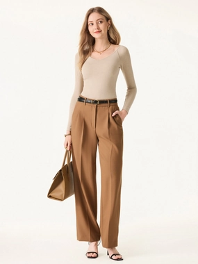 Stretch Wool High Rise Straight Leg Trousers with Pockets Stay Flexible Slim Shape