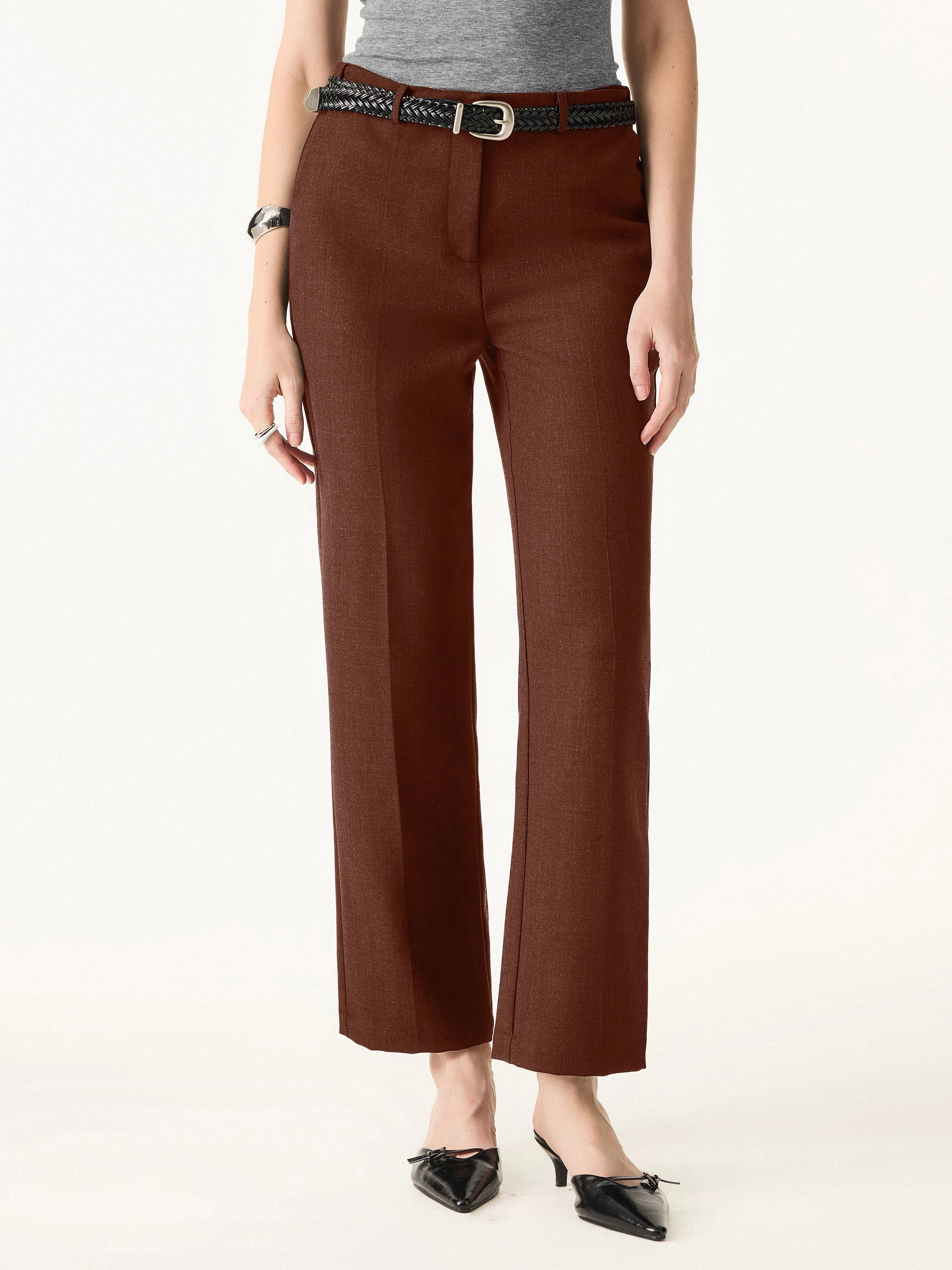 Minimal Fit Day Wear Stretch Wool Mid Rise Slim Straight Trousers with Pockets