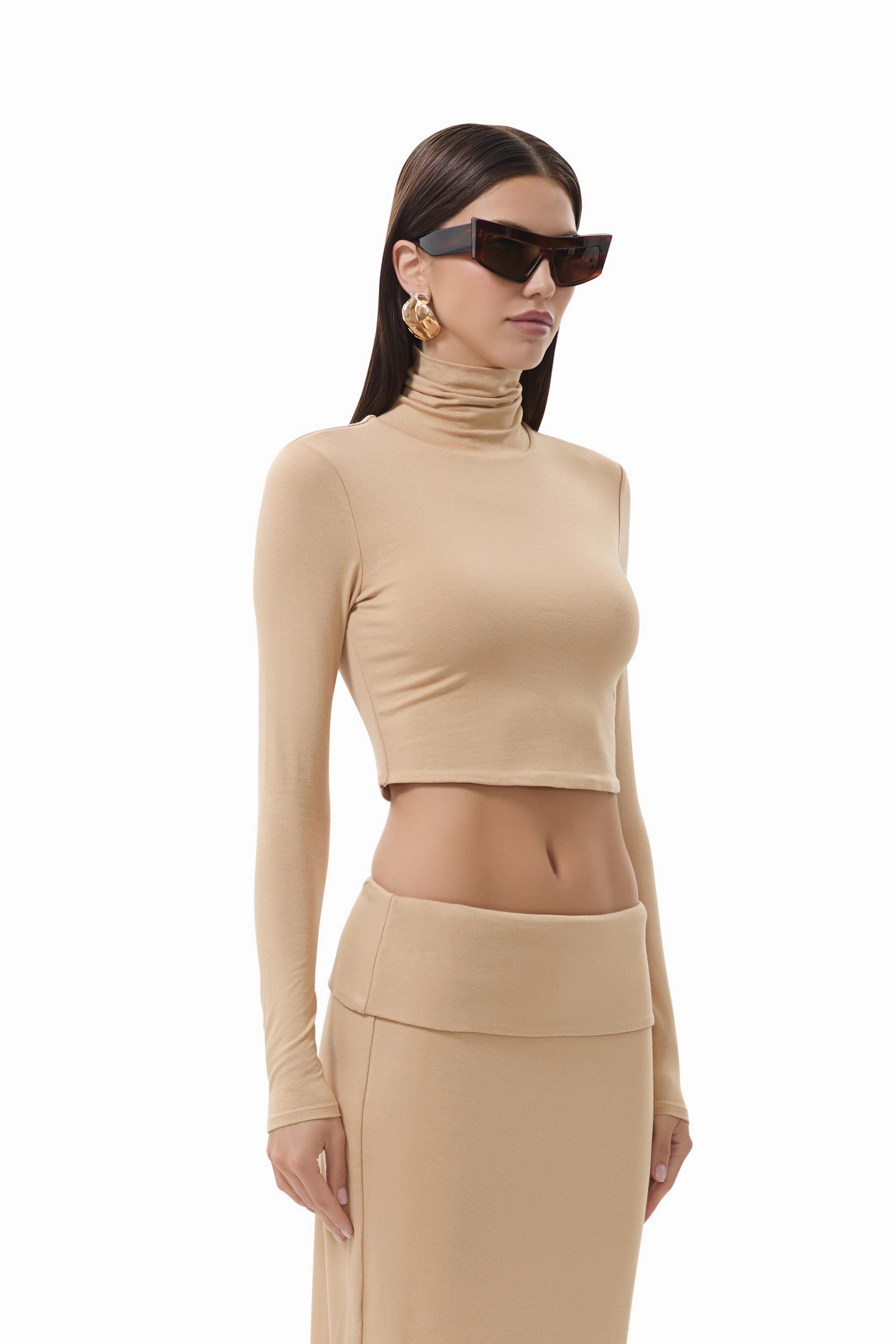 Eco Friendly Fabric Convertible Neckline Micaela Crop Turtleneck - Praline