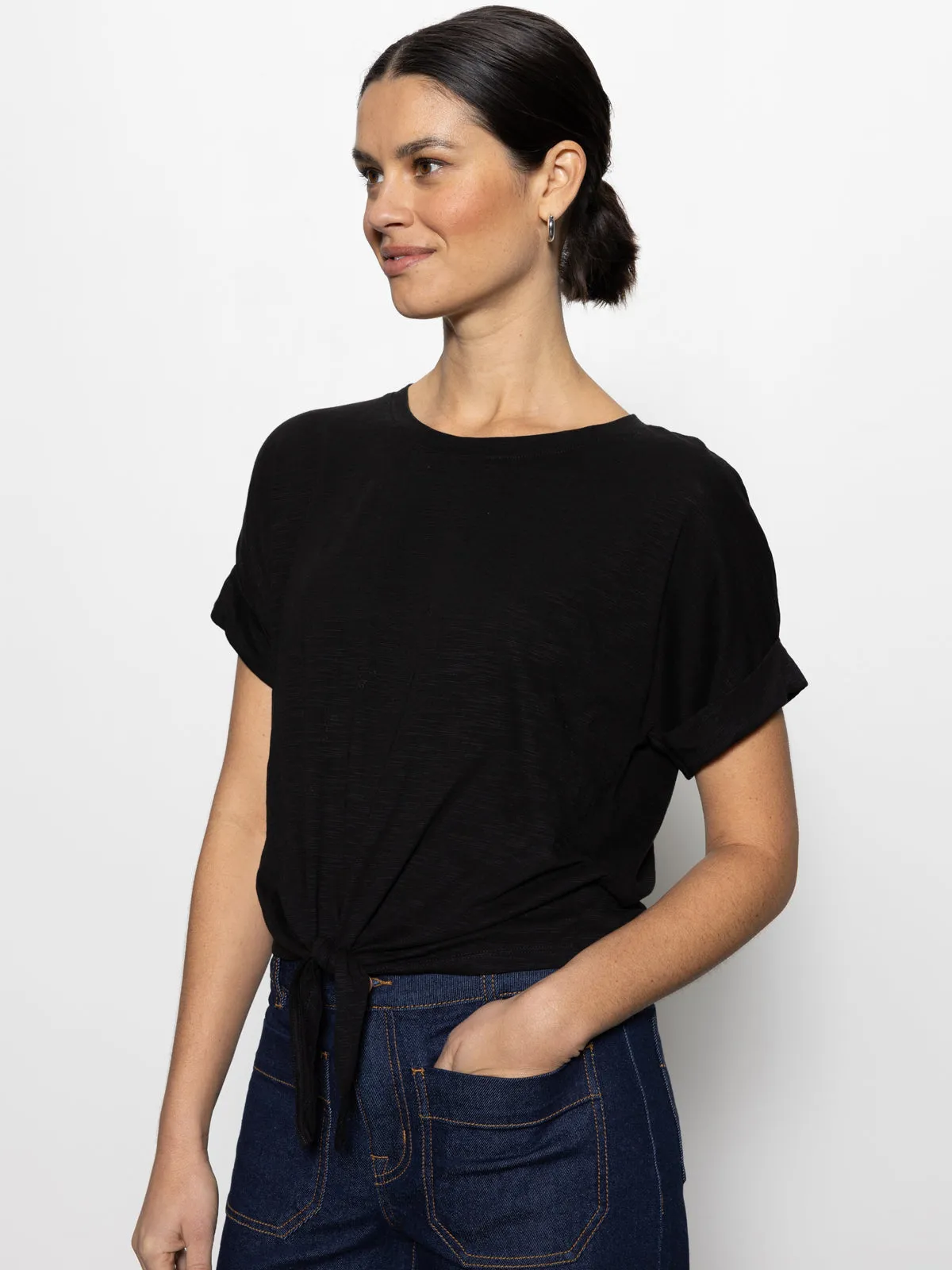 All Day Tie Tee Black Longline Hemline Durable Collar Construction