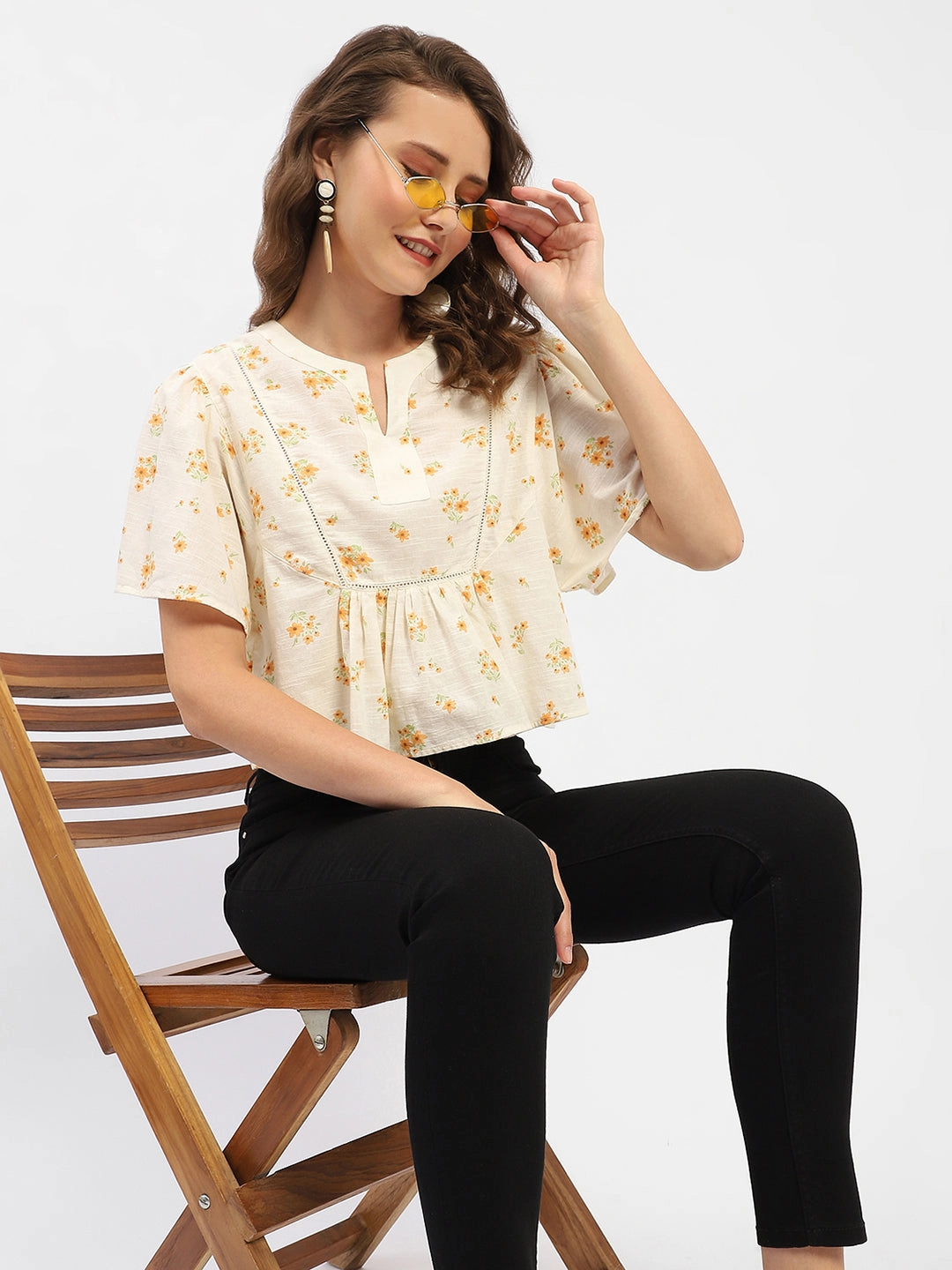 SustainableBlend TailoredCut Madame Mandarin Collar Ruffle Detailing Printed Cotton Peplum Top