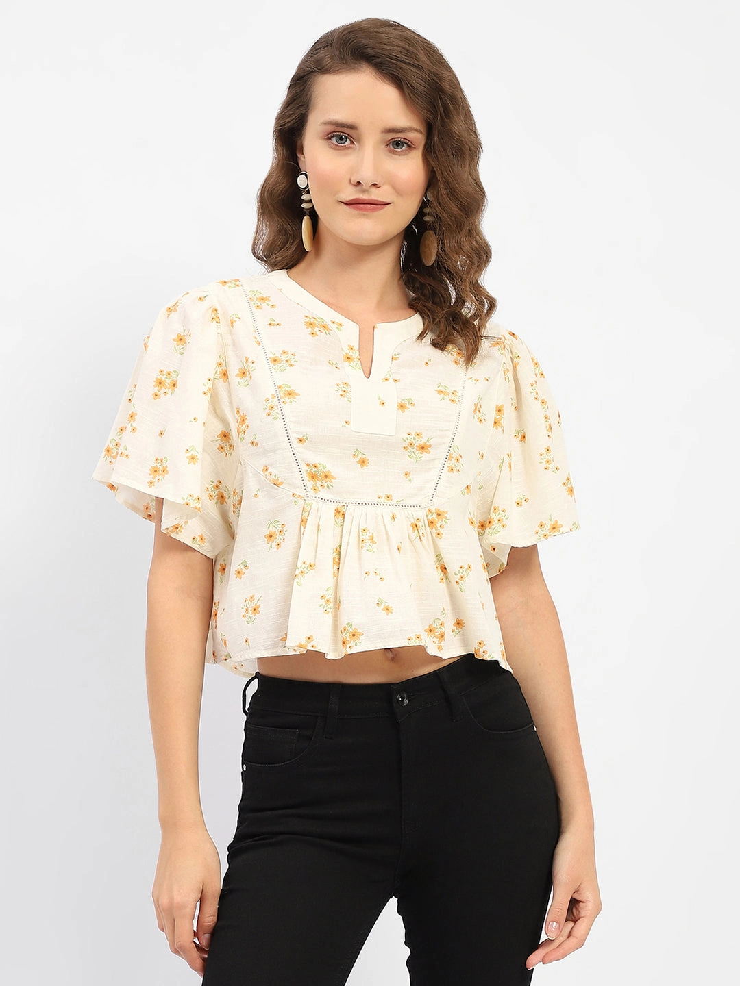 Madame Mandarin Collar Ruffle Detailing Printed Cotton Peplum Top VNeckReinforcement