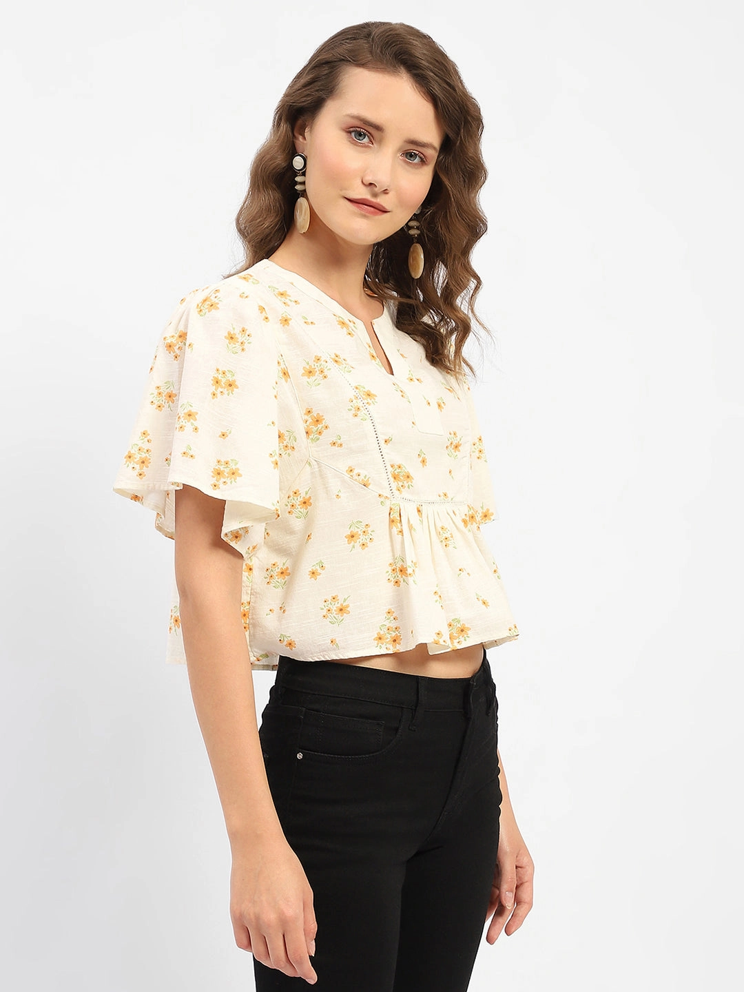 Madame Mandarin Collar Ruffle Detailing Printed Cotton Peplum Top Flex Fit Shoulder Construction